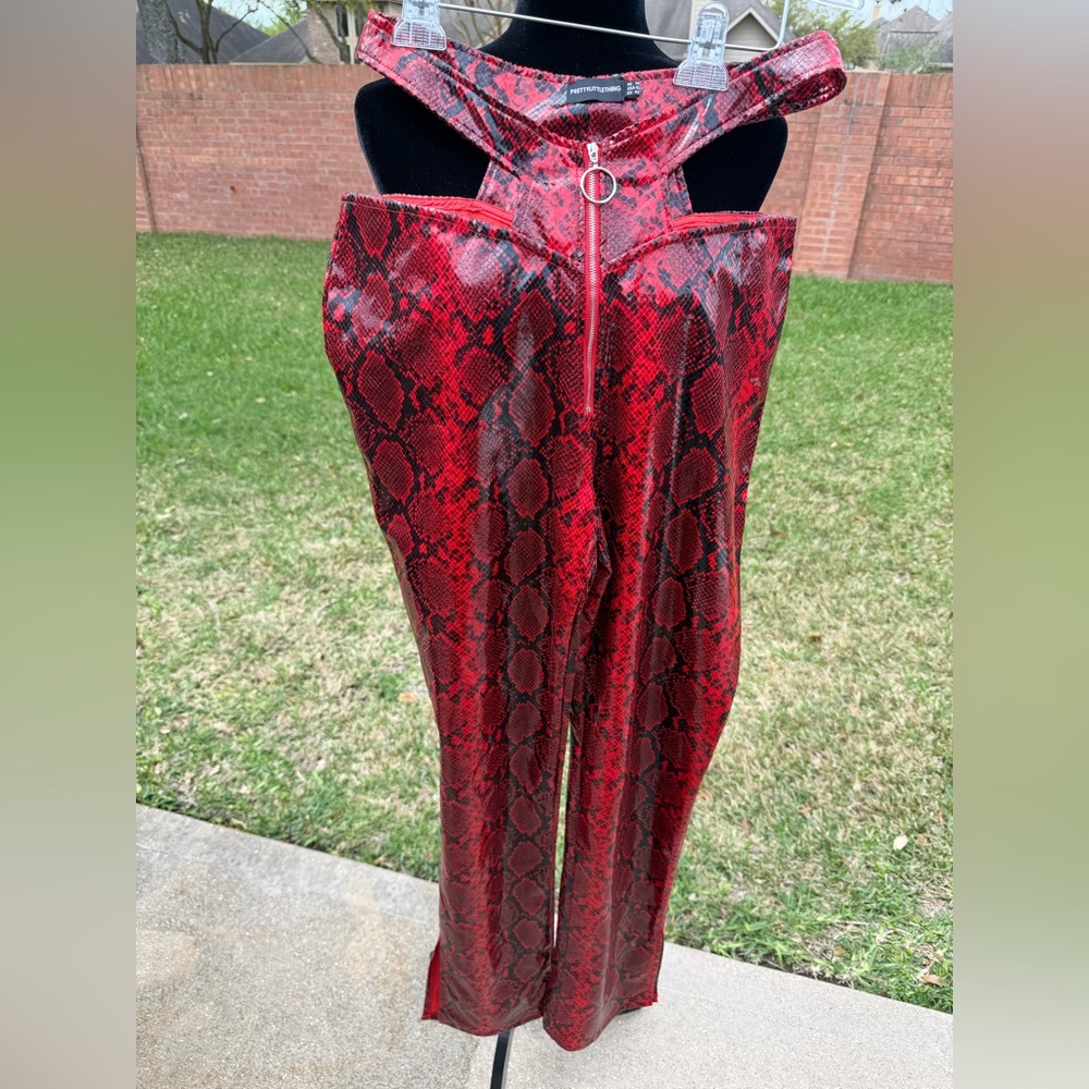 PrettyLittleThing Red Faux Snake Print Pant